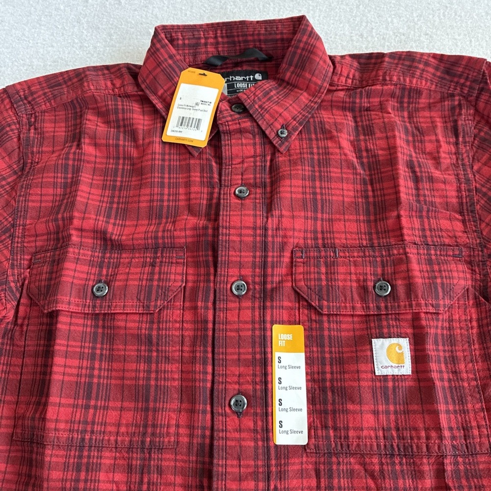 Carhartt Men's Loose Fit Midweight Chambray Long Sleeve Plaid Button Down Small